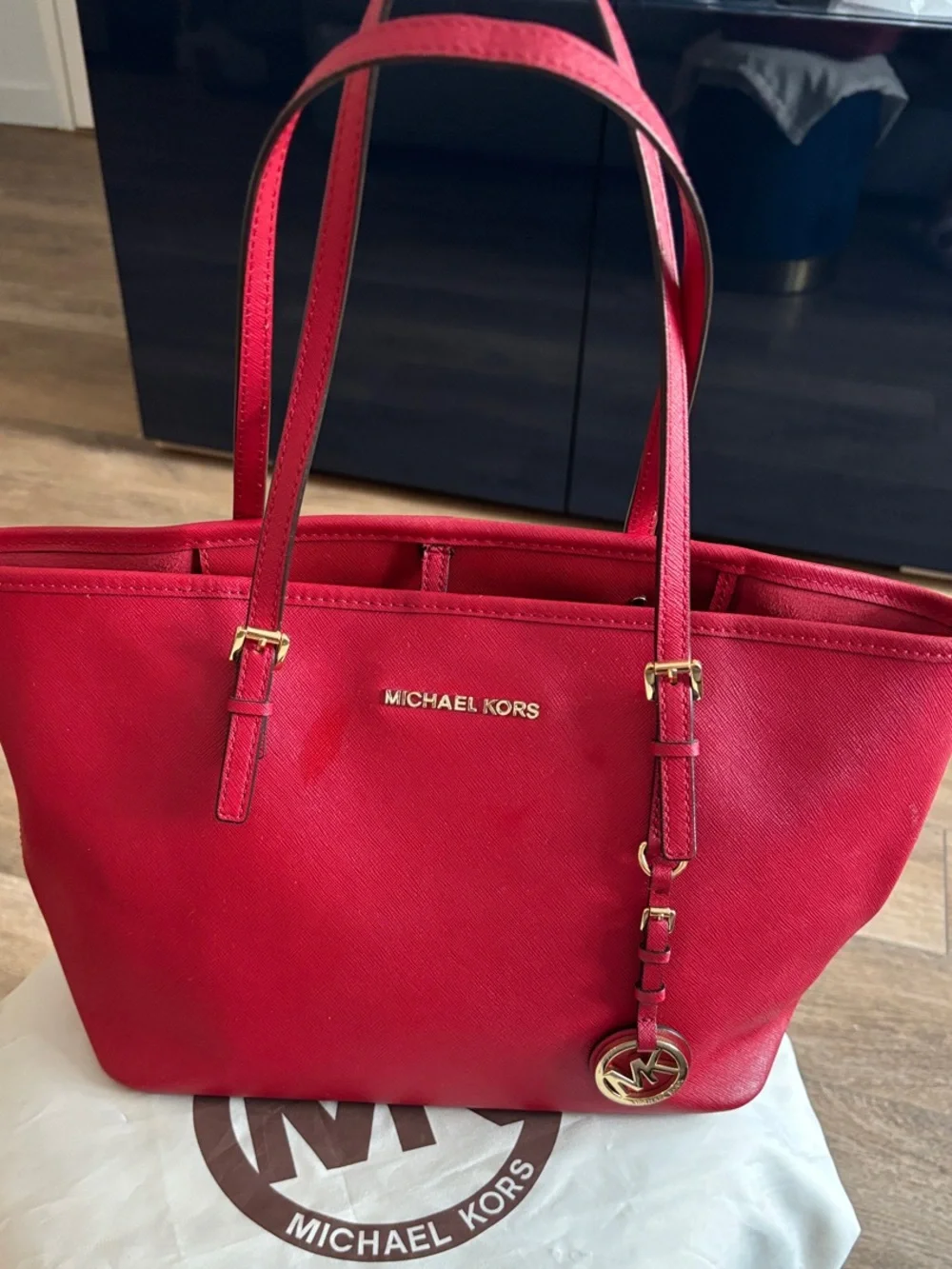 Michael Kors Red Saffiano Tote with Gold Logo Charm